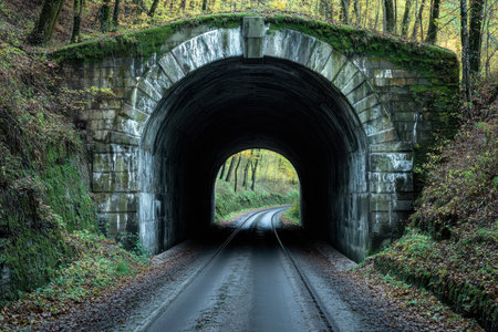A railway track disappears into a dark tunnel framed by vibrant autumn foliage and moss-covered stone walls.の写真素材