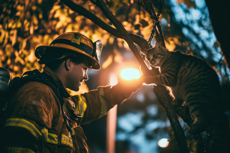 A firefighter gently comforts a cat stranded in a tree as night falls in a city environment.の写真素材