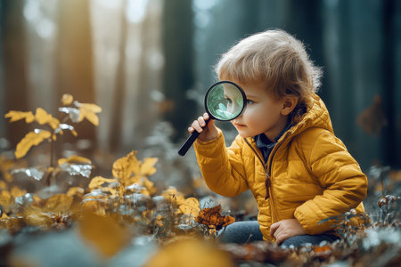 A young child in a yellow jacket examines leaves in a forest, highlighting curiosity and nature exploration.の写真素材