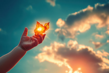 A small child's hand showcases a luminous butterfly, illuminated beautifully by the sunset clouds.の写真素材