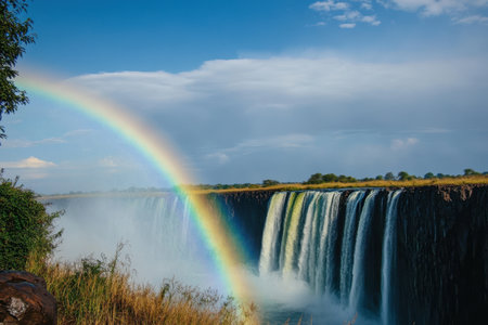 A stunning rainbow arches over Victoria Falls, reflecting sunlight against the water's mist amidst lush surroundings.の写真素材
