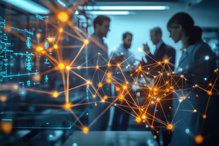 Professionals engage in a discussion while innovative digital displays illuminate the office space.の写真素材