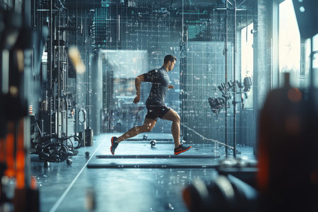 A person sprints on a gym track surrounded by high-tech fitness equipment and digital graphics.の写真素材