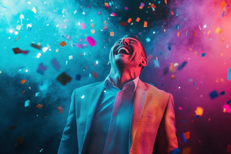 A man in formal attitude laughs heartily as vibrant confetti falls around him in a lively atmosphere.の写真素材