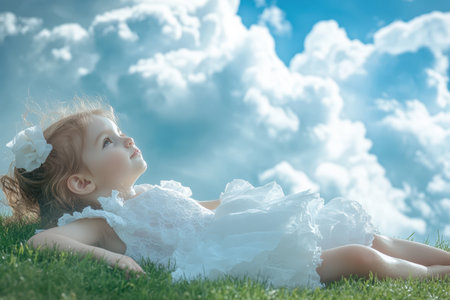 A girl in a white dress relaxes on grass, gazing at the sky filled with large, soft clouds on a bright day.の写真素材