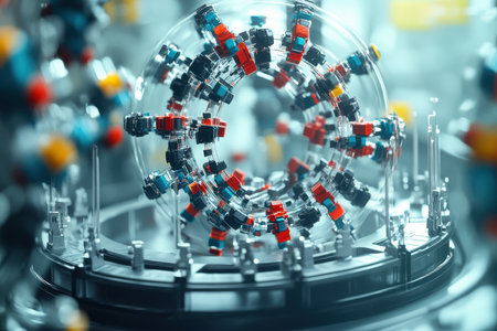 A vibrant circular display of modular toys spins on a sleek platform, showcasing intricate designs and colors.の写真素材