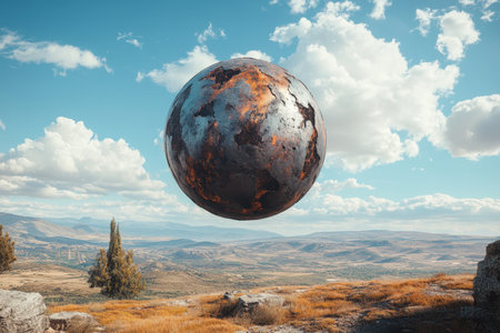 A stunning view of a metallic planet suspended above golden grasslands under a blue sky with fluffy clouds.の写真素材