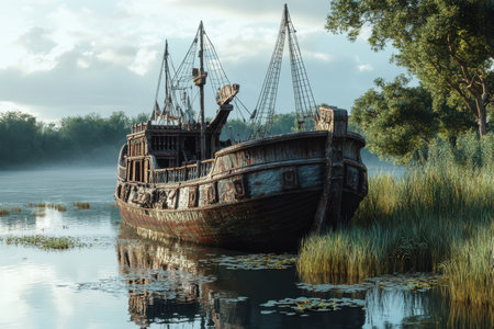 An abandoned wooden ship sits peacefully in still waters, embraced by tall grass and trees at sunrise.の写真素材