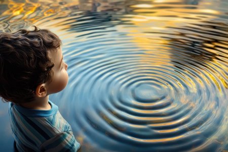 A young child observes the beautiful ripples created in calm water as the sun sets, illuminating the scene.の写真素材