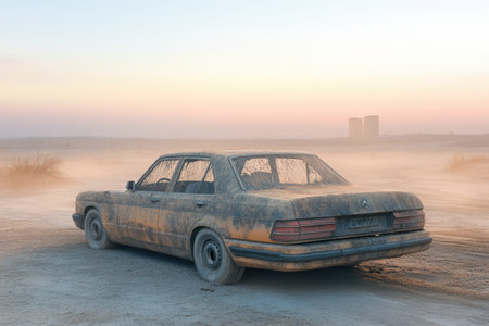 A dusty vintage car rests in an arid landscape as the sun sets, casting warm hues and highlighting the neglect.の写真素材