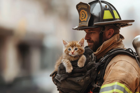 A firefighter holds a rescued kitten in his arms, smiling during a break in a vibrant city setting.の写真素材