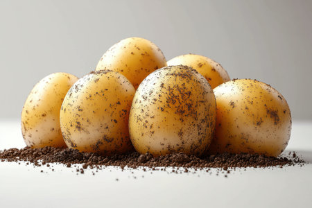 A unique display showcases potatoes with a sandy texture, mimicking the appearance of eggs.の写真素材