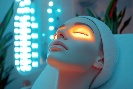 A woman relaxes with closed eyes while undergoing light therapy in a serene spa, enhancing her skin health.の写真素材