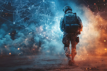 A soldier moves forward amid swirling colors and abstract digital patterns, symbolizing modern warfare technology.の写真素材