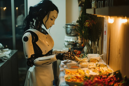 A robot chef carefully arranges various dishes on a table filled with colorful foods in an inviting dining space.の写真素材