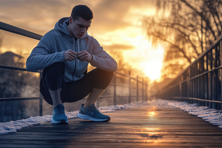 A young man squats thoughtfully on a bridge, admiring a stunning sunset. The warm light creates a peaceful atmosphere.の写真素材