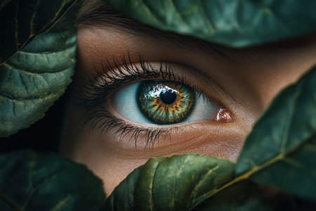A stunning eye with intricate colors peeks through lush, green leaves in soft daylight, highlighting natural beauty.の写真素材
