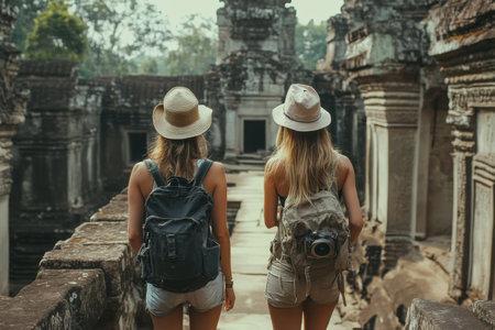 Two women with backpacks admire the historic beauty of Angkor Wat on a warm, sunny afternoon.の写真素材