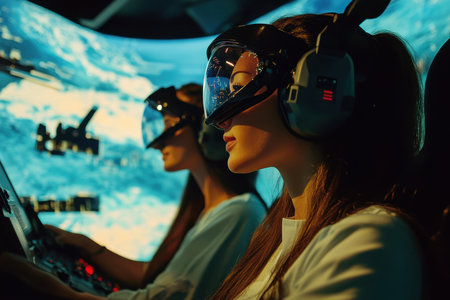 Two women are focused on flight simulation in a high-tech cockpit with flight controls and screens.の写真素材
