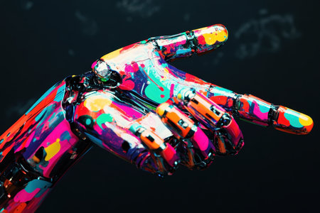 A vibrant robotic hand reaches out, showing intricate colors and a futuristic design, perfect for innovation.の写真素材