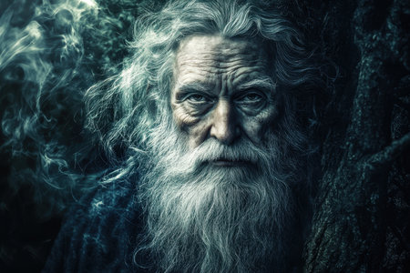 An elderly man stands in a dark forest, his long hair and beard blending with the smoky atmosphere around him.の写真素材