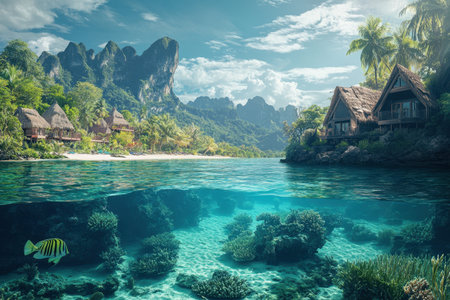 Turquoise waters show vibrant coral reefs, framed by majestic mountains and lush greenery.の写真素材