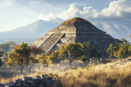 Early morning light casts a golden hue over an ancient pyramid set against majestic mountains and various foliage.の写真素材