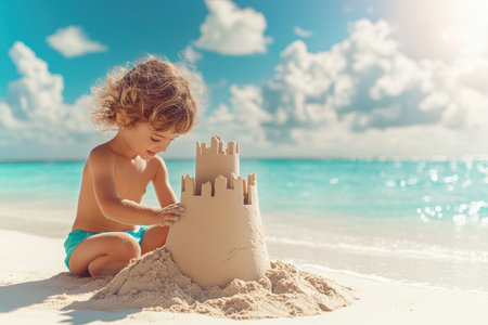 A young child sits on the sand, focused on crafting an intricate sandcastle under a bright sky.の写真素材