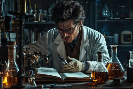 A researcher in a lab coat studies an open book while focusing on experimental glassware in a dimly lit space.の写真素材