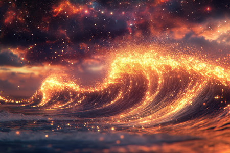 Bright waves shimmer as the sun sets, creating a stunning display of colors over the water.の写真素材