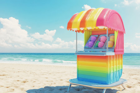 A vibrant ice cream stand is set up on the sandy beach, inviting visitors to enjoy a sweet treat by the ocean.の写真素材