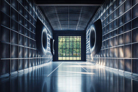 Spacious room featuring sleek walls, large windows revealing greenery, and intriguing circular design elements.の写真素材