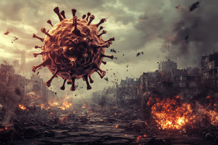 Dark clouds cover a ruined city as a giant virus looms above, symbolizing global despair and destruction.の写真素材