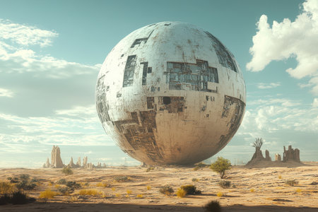 A massive spherical structure rests on a barren desert landscape, surrounded by rugged formations and green shrubbery.の写真素材