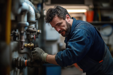 A technician focuses on fixing pipes and valves in a busy industrial workshop filled with tools and equipment.の写真素材