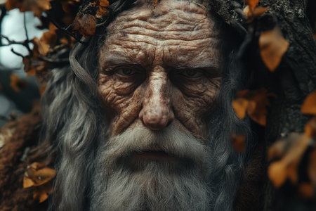 An ancient man with a long beard blends seamlessly into a forest, adorned with autumn leaves and branches.の写真素材