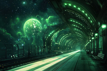 A futuristic train station features vibrant green lights illuminating the platform and starry background.の写真素材