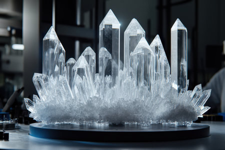 Intricate crystal shapes tower above a base of smaller crystals in a contemporary workspace filled with light.の写真素材