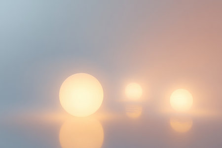 Three luminous orbs cast a warm light in a foggy environment, enhancing the tranquil mood.の写真素材