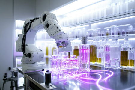 A robotic arm is intricately handling various glass containers filled with colorful liquids in a lab.の写真素材