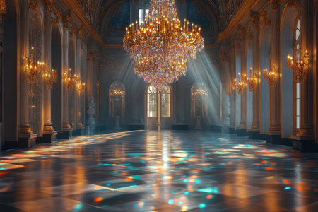 Soft rays of light illuminate a grand hall with a large chandelier, creating colorful reflections on the polished floor.の写真素材