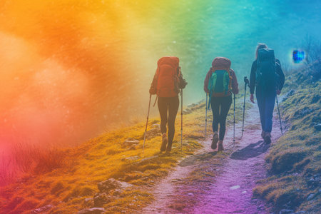 Three hikers with backpacks trek along a winding path surrounded by vibrant colors, evoking a joyful adventure.の写真素材