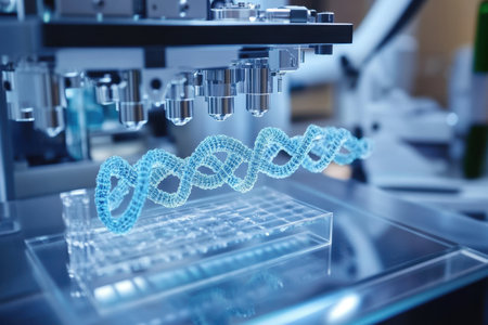 Innovative machinery creates complex 3D structures in a research laboratory focused on biotechnology.の写真素材