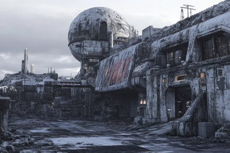 An eerie landscape features ruined buildings and a massive dome, hinting at a lost civilization.の写真素材