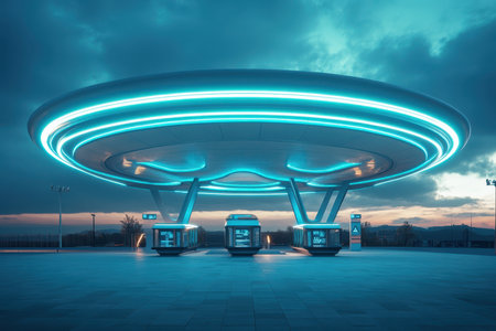 A striking bus stop design features glowing blue lights under a twilight sky, enhancing the urban landscape.の写真素材
