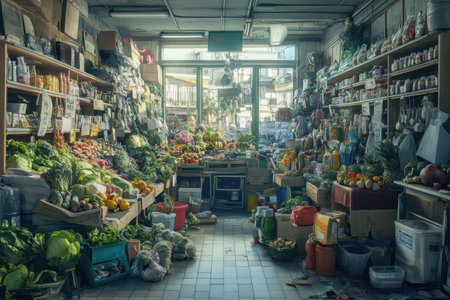Fresh fruits, vegetables, and groceries fill every corner of a bustling market, showing local variety and abundance.の写真素材