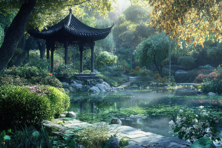 Lush green garden featuring a gazebo, calm water, and vibrant flowers illuminated by early morning light.の写真素材