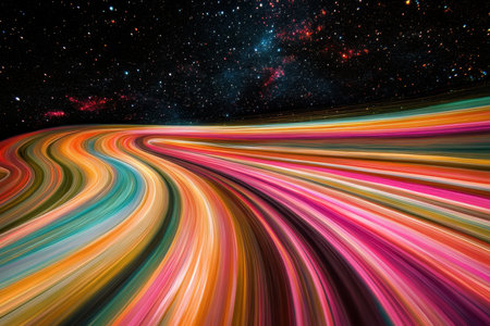Vivid swirls of color flow through a galaxy filled with stars, creating a magical cosmic experience.の写真素材