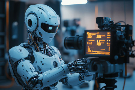 A sophisticated robot operates a cutting-edge camera in a futuristic research lab environment.の写真素材