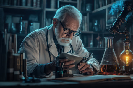 A wise scientist studies notes while surrounded by glass containers and ancient books in a cozy lab.の写真素材